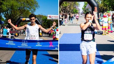 Ivo Tapia y Soledad Aita cruzando la meta en primer lugar en la Carrera Rosa. Ivo Tapia y Soledad Aita cruzando la meta en primer lugar en la Carrera Rosa.