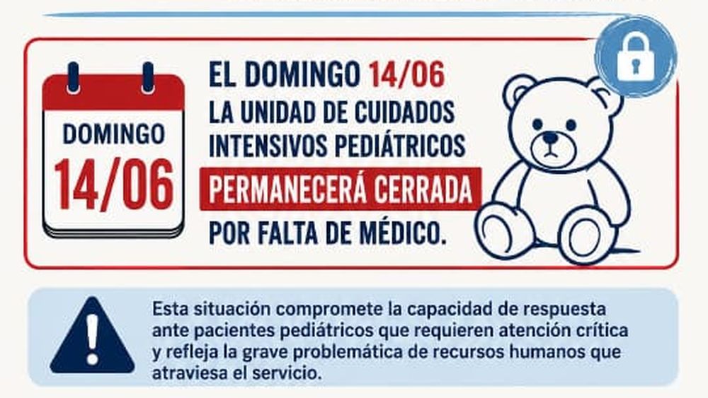 Con este afiche los profesionales confirman que este domingo no habrá pediatras en la terapia del Hospital. Con este afiche los profesionales confirman que este domingo no habrá pediatras en la terapia del Hospital.