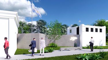 El edificio ferroviario refuncionalizado, el pasaje en forma de trinchera y la llegada al volumen final.