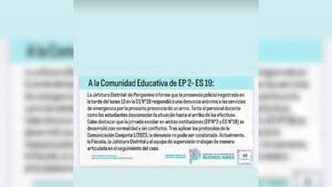 Las autoridades educativas comunicaron que no constataron que un alumno haya ido armado a la Escuela 19