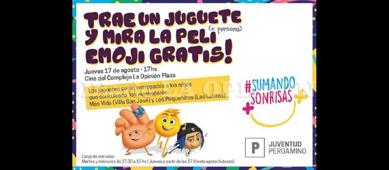 Este jueves, a las 17:00 en la sala de Cinema Pergamino, se proyectará la película Emoji siendo el valor de la entrada un juguete. (DIRECCION DE JUVENTUD)