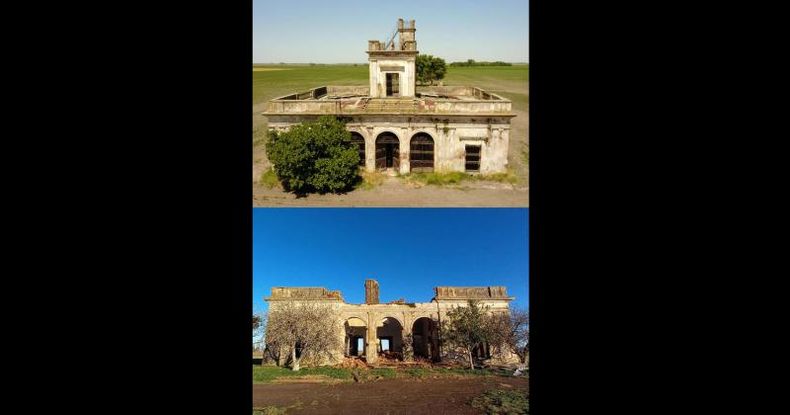 Arriba, el frente de la casona La Chica antes de su desaparición; abajo, la parte trasera con la demolición avanzada. La última imagen fue tomada por Gus Benitez.