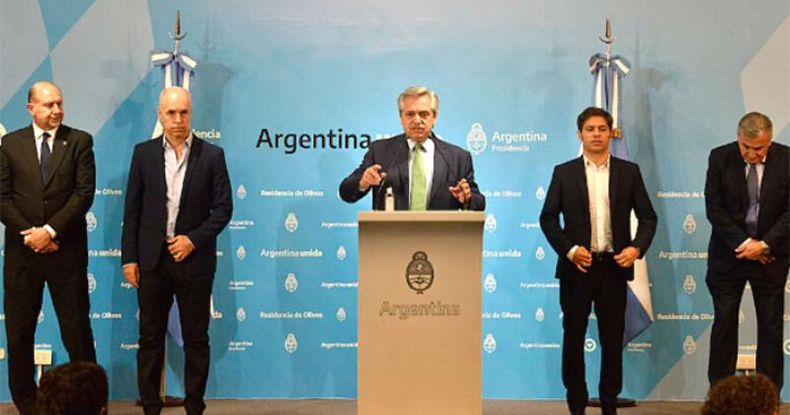 Alberto Fernández anunció el inicio de la cuarentena obligatoria junto a los gobernadores Omar Perotti, Axel Kicillof, Gerardo Morales y el jefe de Gobierno porteño, Horacio Rodríguez Larreta.