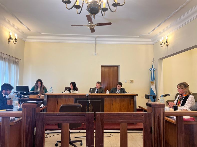 Vista de la sala de audiencias: a la izquierda el fiscal Daniel Aguilar, en el centro los jueces del Tribunal Oral en lo Criminal 1 Marcela Santoro, Guillermo Burrone e Ignacio Uthurry y a la derecha la defensora Florencia Montanari.