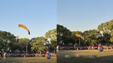 El paracaidista Sergio Keko Alonso hizo impactar su cuerpo contra el piso para evitar golpear a la gente que presenciaba el espectáculo de la llegada de los Reyes Magos en la tarde de este lunes en el Parque Belgrano. El paracaidista Sergio Keko Alonso hizo impactar su cuerpo contra el piso para evitar golpear a la gente que presenciaba el espectáculo de la llegada de los Reyes Magos en la tarde de este lunes en el Parque Belgrano.